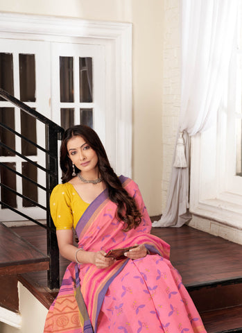 Chettinadu Cotton Saree in Lime Green and unique Block print motif -(SA-115)
