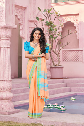 Alikam Khadi Cotton saree  in lime green with white slub texture -(SA-074)
