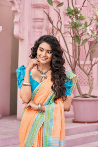 Alikam Khadi Cotton saree  in lime green with white slub texture -(SA-074)