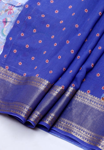 Ruby Silk Digital Print Saree With Blue Collur and Border with Blue Shade - (SA-430)