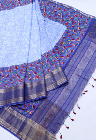 Ruby Silk Digital Print Saree With Blue Collur and Border with Blue Shade - (SA-430)