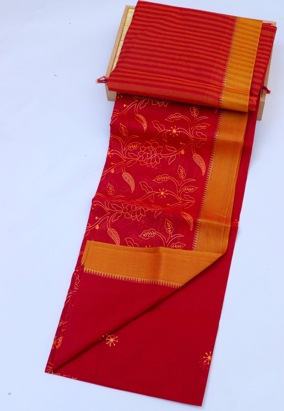 Embroidery Saree With Red Collur and Border with Gold Shade - (SA-363)