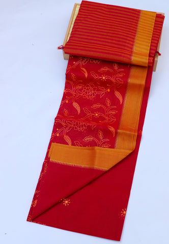 Embroidery Saree With Red Collur and Border with Gold Shade - (SA-363)