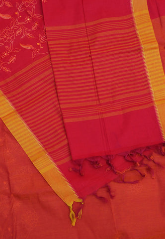 Embroidery Saree With Red Collur and Border with Gold Shade - (SA-363)