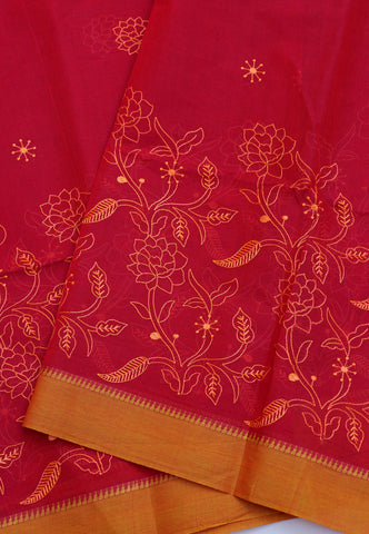 Embroidery Saree With Red Collur and Border with Gold Shade - (SA-363)