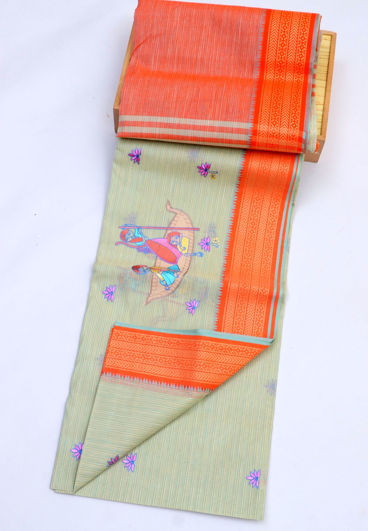 Embroidery Saree With Lightgreen Collur and Border with Red Shade - (SA-359)