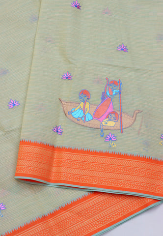 Embroidery Saree With Lightgreen Collur and Border with Red Shade - (SA-359)