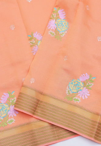 Embroidery Saree With Orange Collur and Border with Gold Shade - (SA-389)