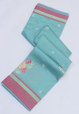 Embroidery Saree With Blue Collur and Border with Red Shade - (SA-388)