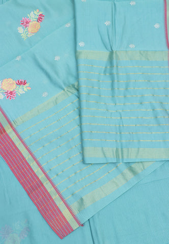 Embroidery Saree With Blue Collur and Border with Red Shade - (SA-388)