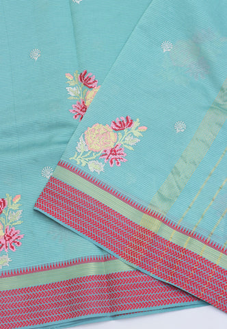 Embroidery Saree With Blue Collur and Border with Red Shade - (SA-388)