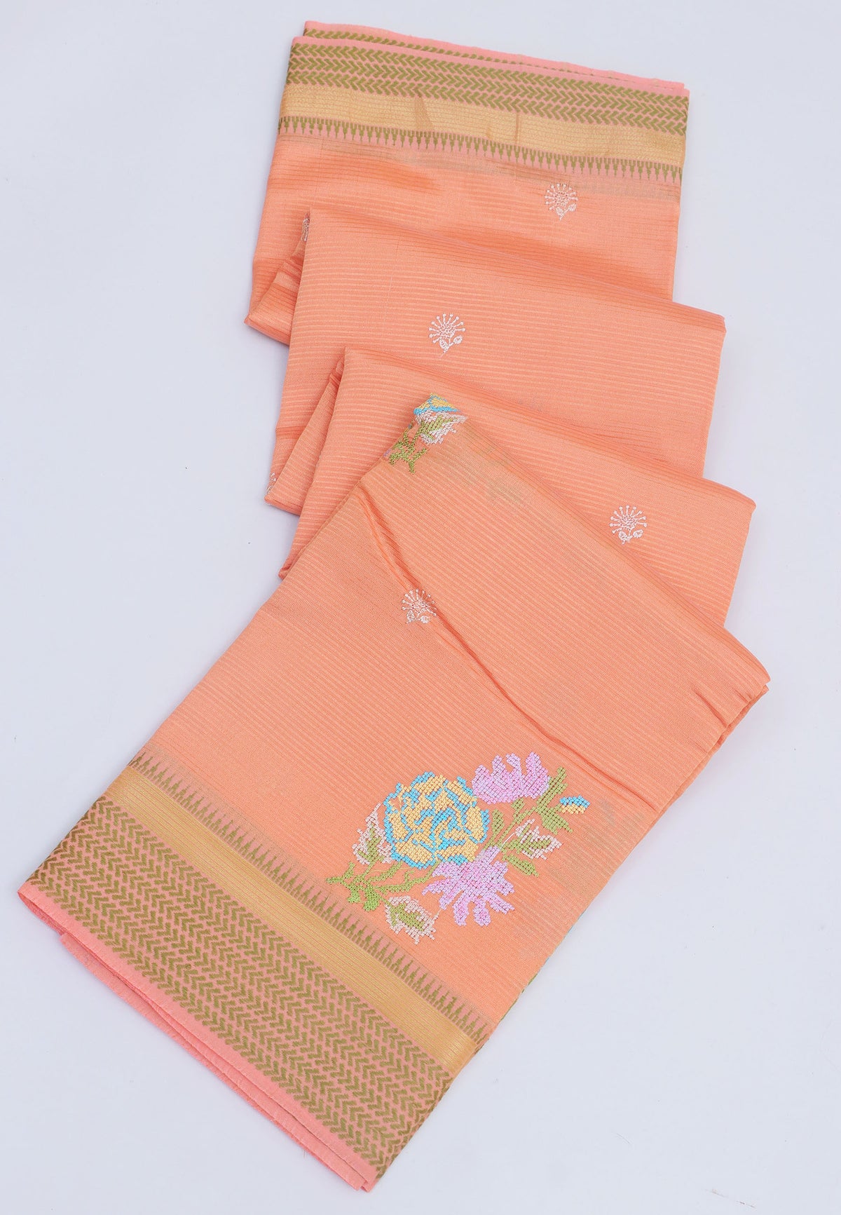 Embroidery Saree With Orange Collur and Border with Gold Shade - (SA-389)