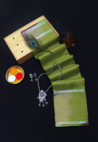 Mangalarigiri Silk Plain Saree with Green Colour and Border With Silver Shade-(SA-729)