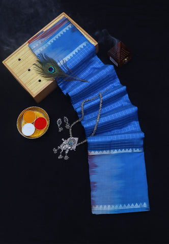 Mangalarigiri Silk Plain Saree with Blue Colour and Border With Silver Shade-(SA-733)