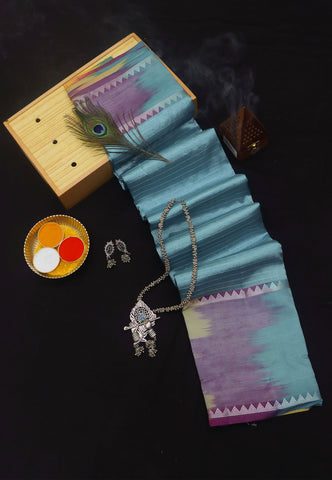 Mangalarigiri Silk Plain Saree with Light Blue Colour and Border With Silver Shade-(SA-735)