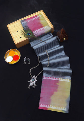Mangalarigiri Silk Plain Saree with Gray Colour and Border With Silver Shade-(SA-736)