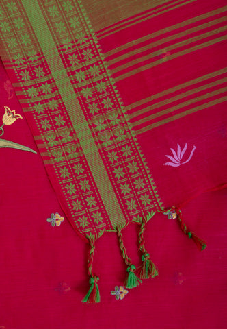 Kollam Katari Khadi With  Red Collur and Border with Green Shade - (SA-214)