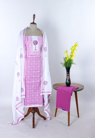 Handloom Cotton Dress Material with White and Violet Colour -(SA-743)