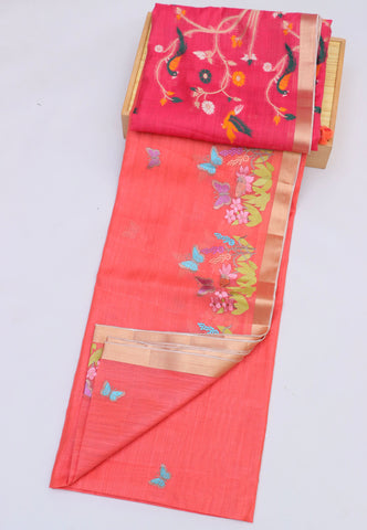 Embroidery Saree With Red Collur and Border with Gold Shade - (SA-399)