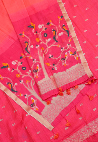 Embroidery Saree With Red Collur and Border with Gold Shade - (SA-399)
