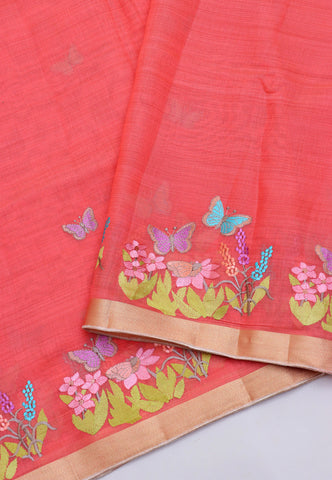 Embroidery Saree With Red Collur and Border with Gold Shade - (SA-399)