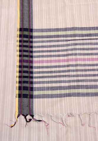 Kollam Katari Khadi With Cream Collur and Border with Gray Shade - (SA-035)