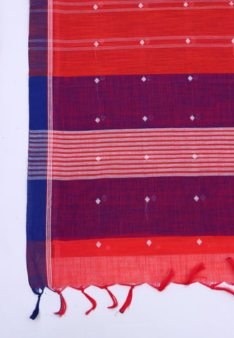 Kollam Katari Khadi With Red Collur and Border with Blue Shade-(SA-028)