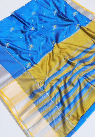 Embroidery Saree With Blue Collur and Border with Gold Shade - (SA-405)