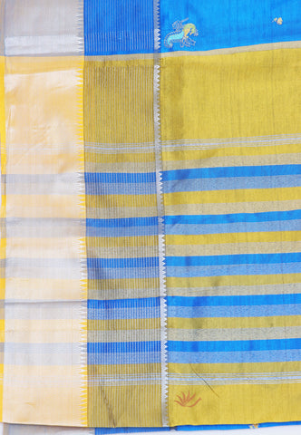 Embroidery Saree With Blue Collur and Border with Gold Shade - (SA-405)