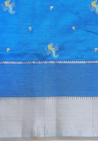 Embroidery Saree With Blue Collur and Border with Gold Shade - (SA-405)