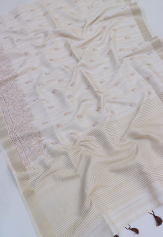 Embroidery Saree With Cream Collur and Border with Gold Shade - (SA-392)