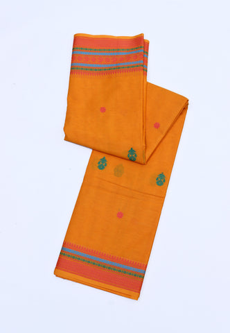 Kollam Katari Khadi With Orange Collur and Border with Blue Shade-(SA-015)