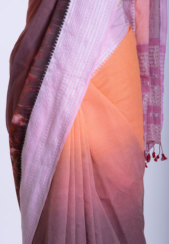 Kollam Katari Khadi With Light Brown Collur and Border with pink Shade - (SA-211)