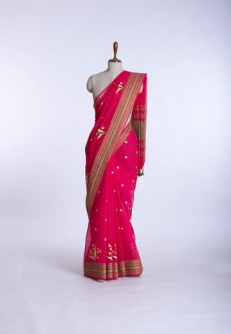 Kollam Katari Khadi With  Red Collur and Border with Green Shade - (SA-214)