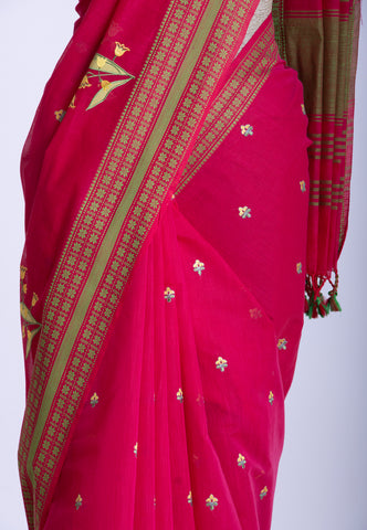 Kollam Katari Khadi With  Red Collur and Border with Green Shade - (SA-214)