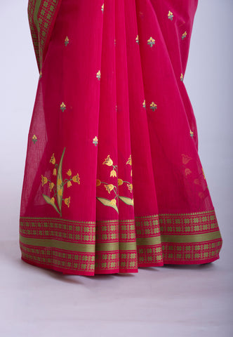 Kollam Katari Khadi With  Red Collur and Border with Green Shade - (SA-214)