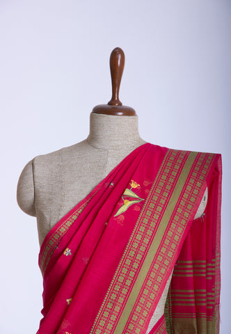 Kollam Katari Khadi With  Red Collur and Border with Green Shade - (SA-214)