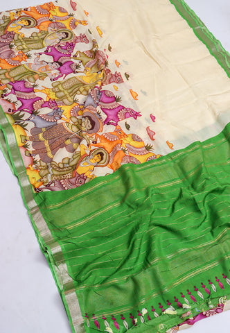 Malabari Digital Print Saree with Cream Colour and Border With Green Shade - (SA-569)