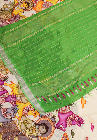Malabari Digital Print Saree with Cream Colour and Border With Green Shade - (SA-569)