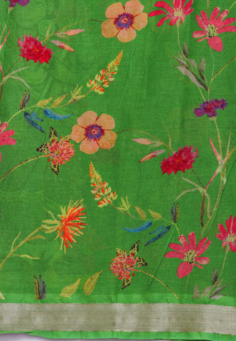 Malabari Digital Print Saree with Cream Colour and Border With Green Shade - (SA-569)