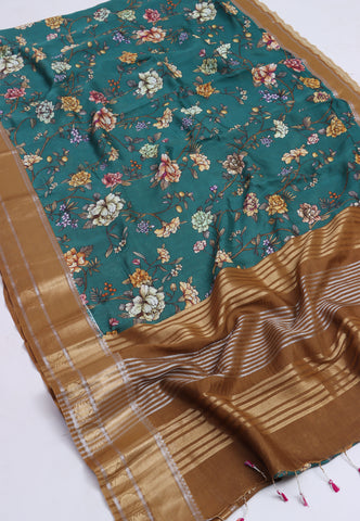 Malabari Digital Print Saree with RamBlue Colour and Border With Brown Shade-(SA-570)