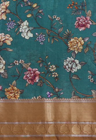 Malabari Digital Print Saree with RamBlue Colour and Border With Brown Shade-(SA-570)
