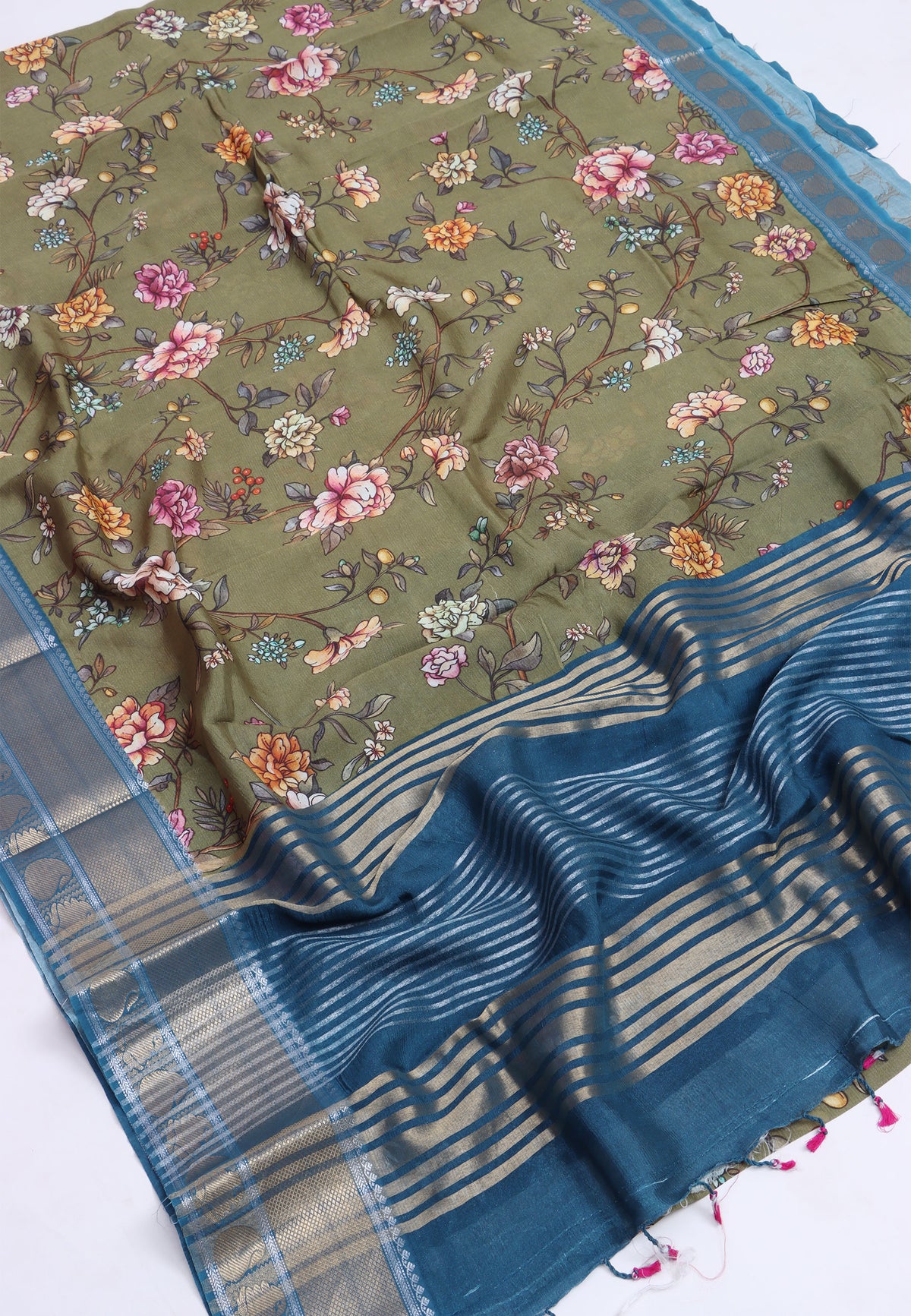 Malabari Digital Print Saree with Green Colour and Border With Blue Shade-(SA-571)