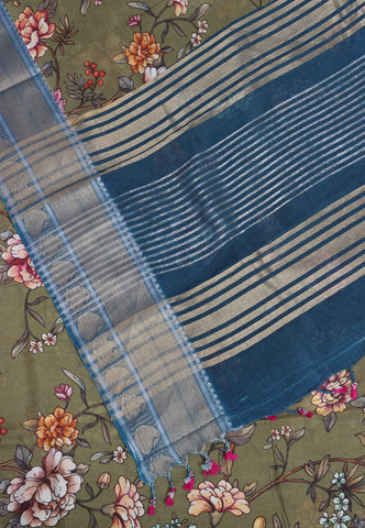 Malabari Digital Print Saree with Green Colour and Border With Blue Shade-(SA-571)