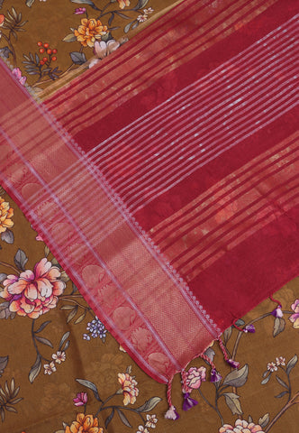Malabari Digital Print Saree with Brown Colour and Border With Red Shade-(SA-572)