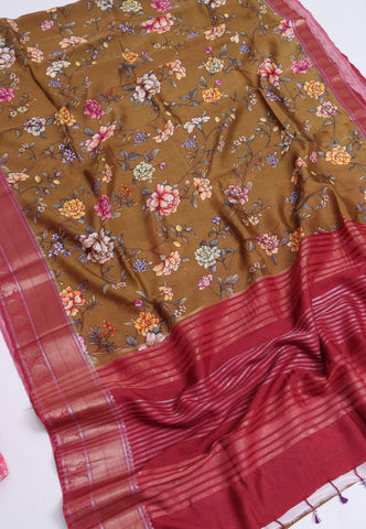 Malabari Digital Print Saree with Brown Colour and Border With Red Shade-(SA-572)