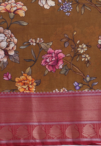 Malabari Digital Print Saree with Brown Colour and Border With Red Shade-(SA-572)
