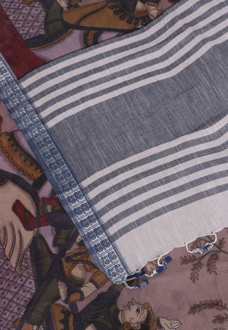 Khadi Digital Print Saree with Brown Colour and Border With Blue Shade-(SA-579)