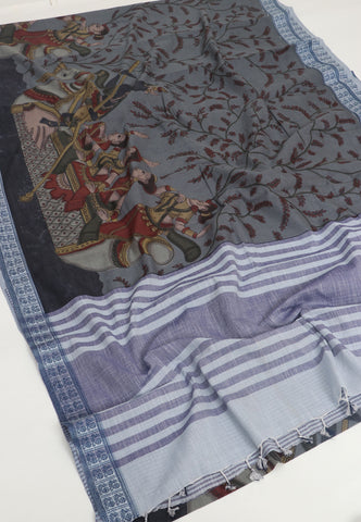 Digital Print Saree with Gray Colour and Border With Blue Shade-(SA-580)