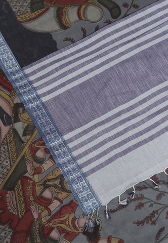 Digital Print Saree with Gray Colour and Border With Blue Shade-(SA-580)